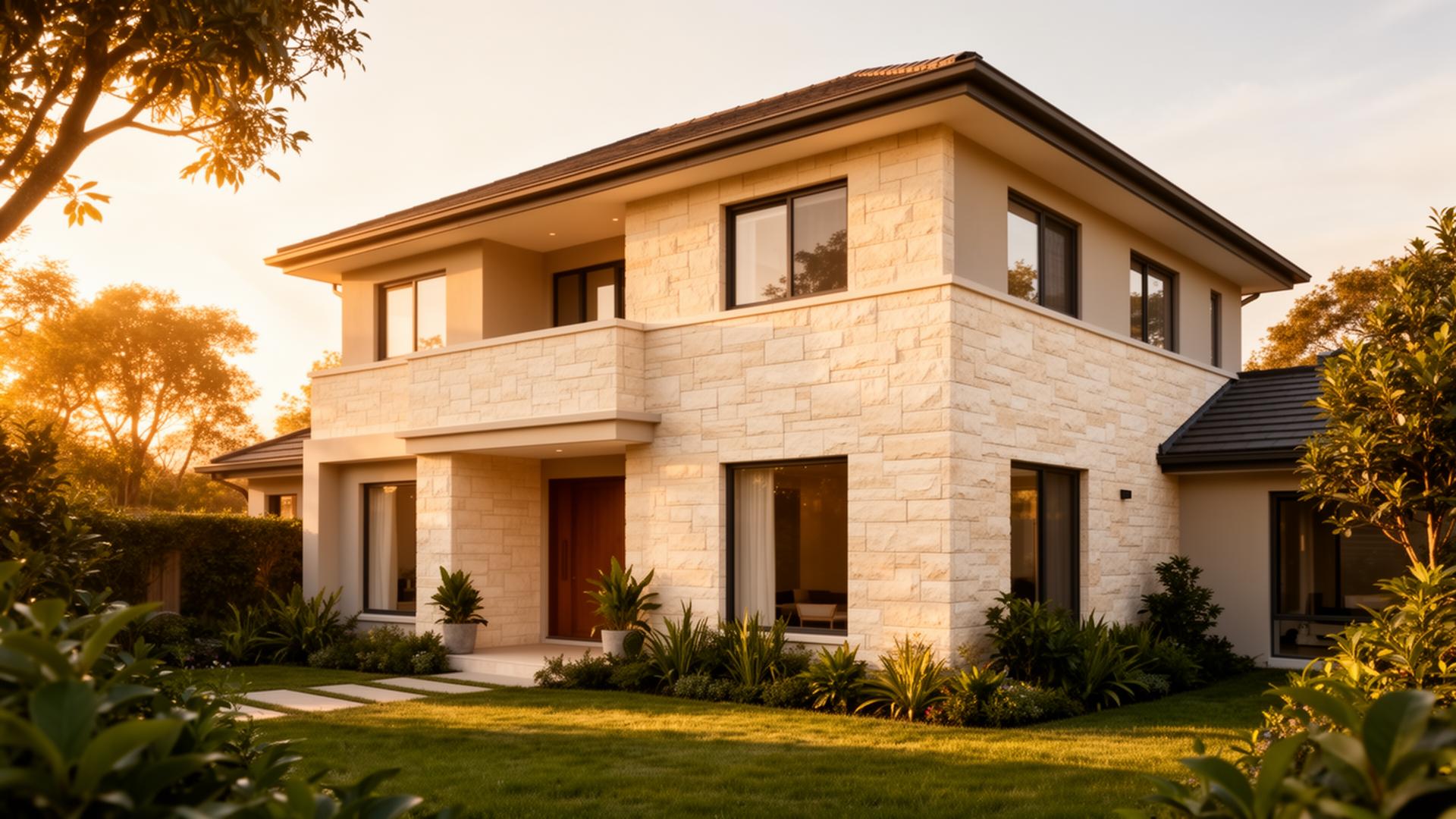 Residential home with PU faux stone exterior cladding at golden hour