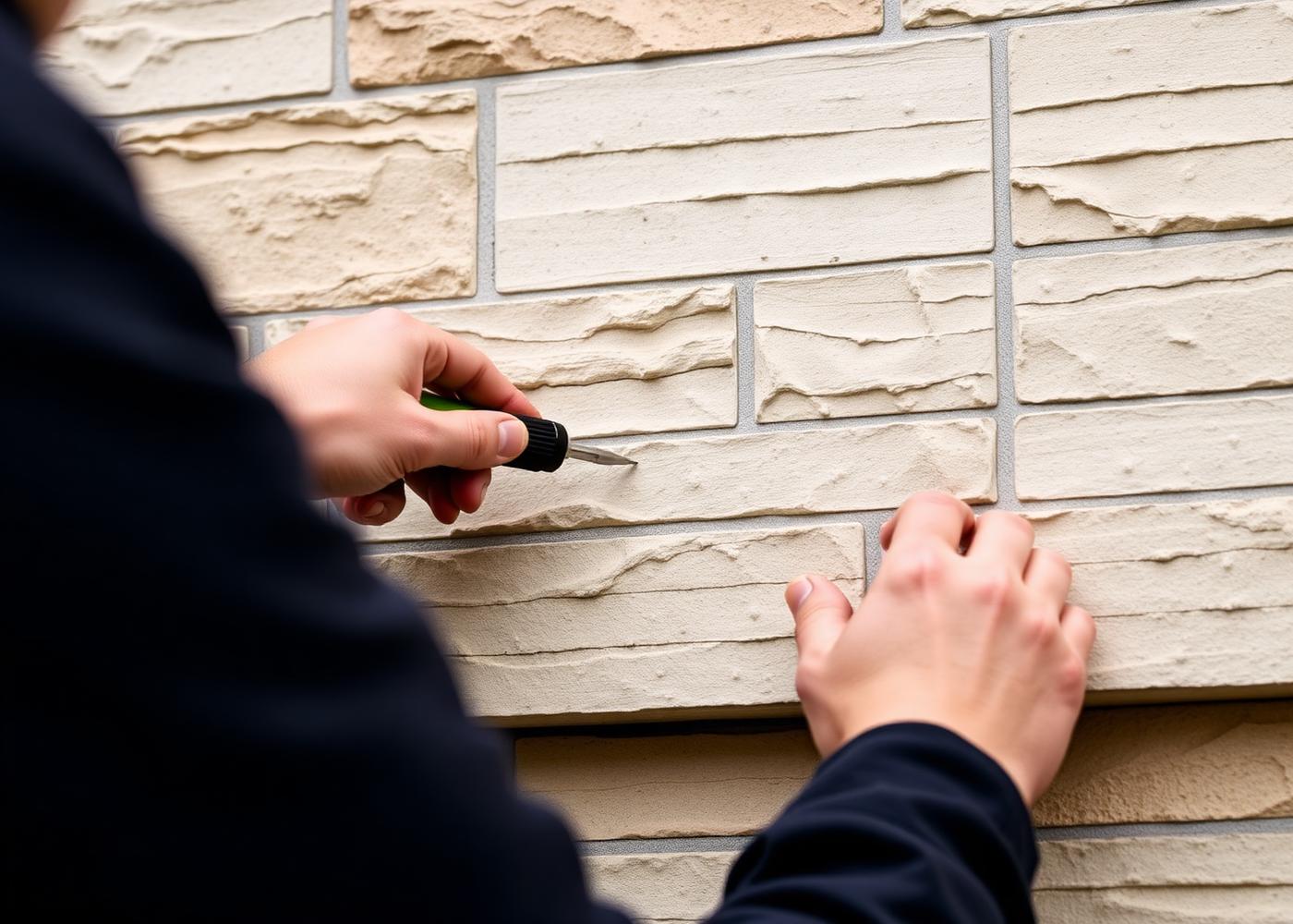 Installer attaching a PU stone panel to a residential wall